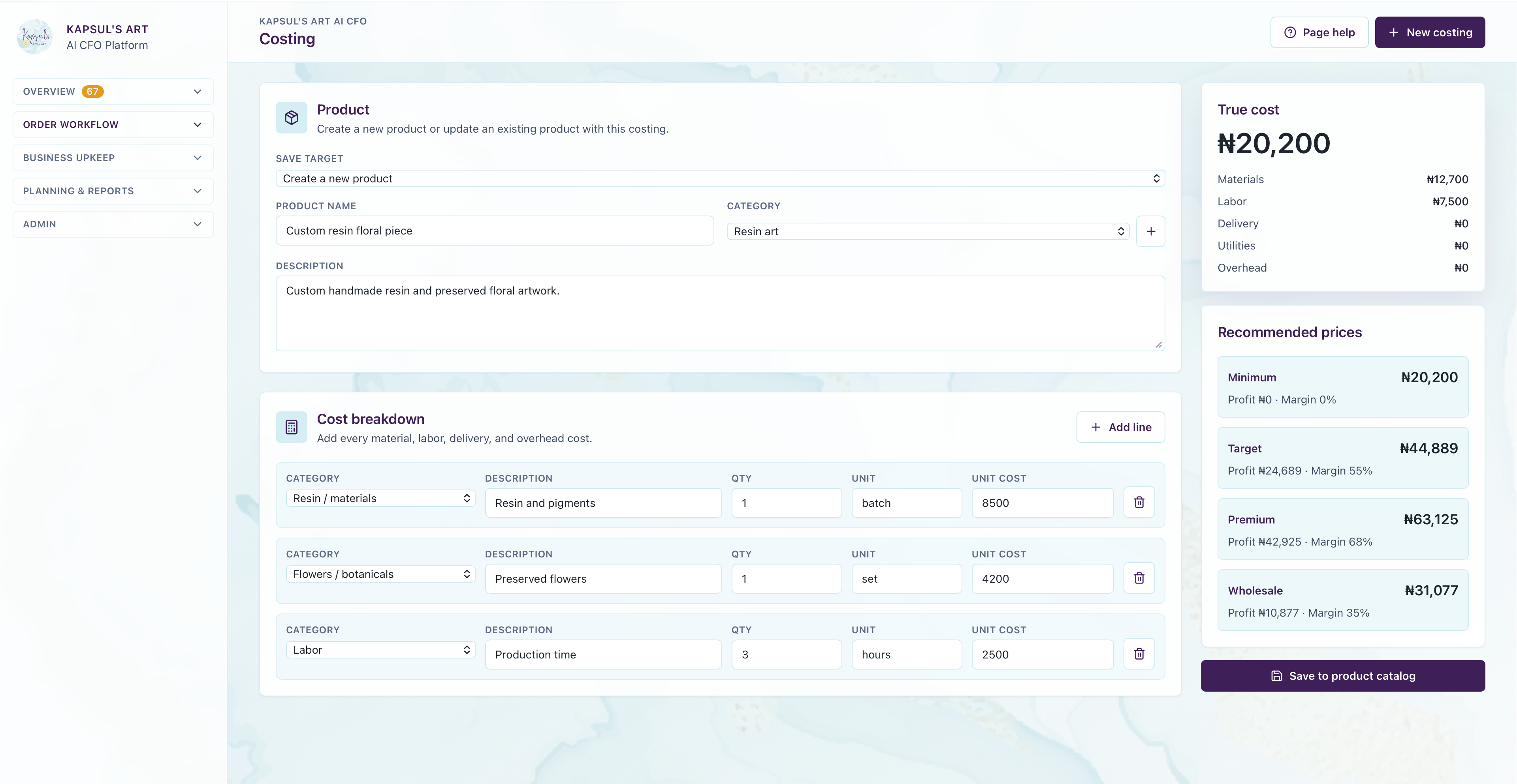 Kapsul Business Platform costing screen showing true cost and recommended prices